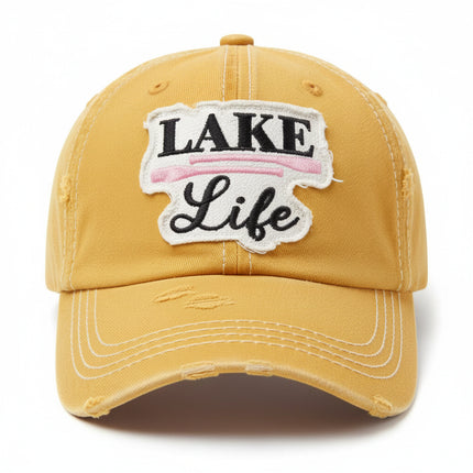 Distressed yellow baseball cap with Lake Life embroidered patch