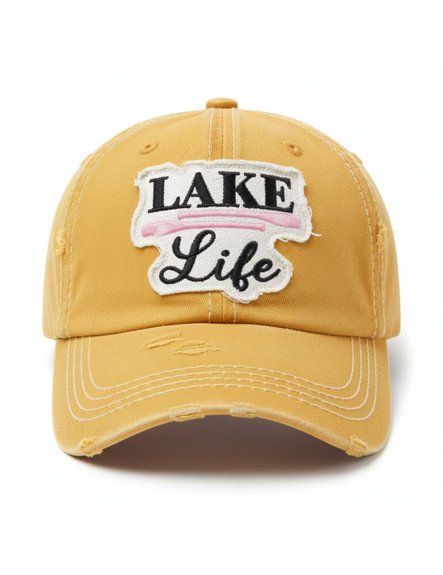 Distressed yellow baseball cap with Lake Life embroidered patch