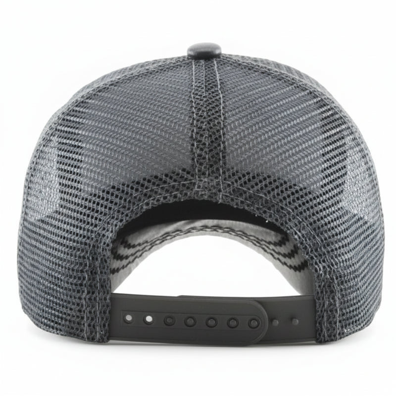 Back view of a dark grey trucker hat with a mesh back and an adjustable snap closure
