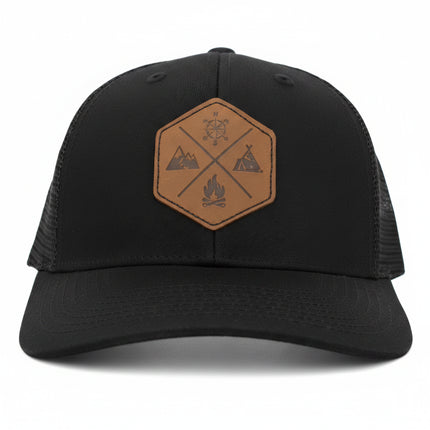 Black baseball cap with a hexagonal brown leather patch featuring outdoor icons