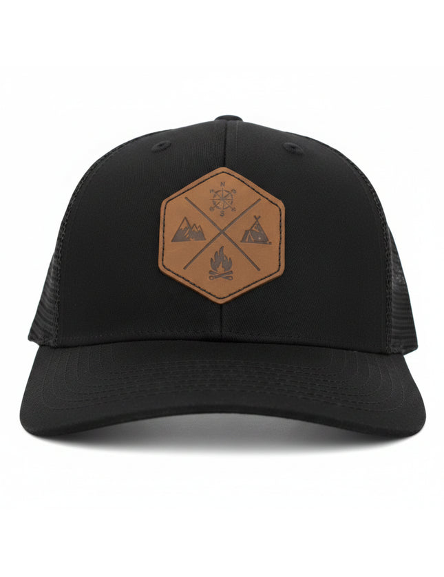 Black baseball cap with a hexagonal brown leather patch featuring outdoor icons