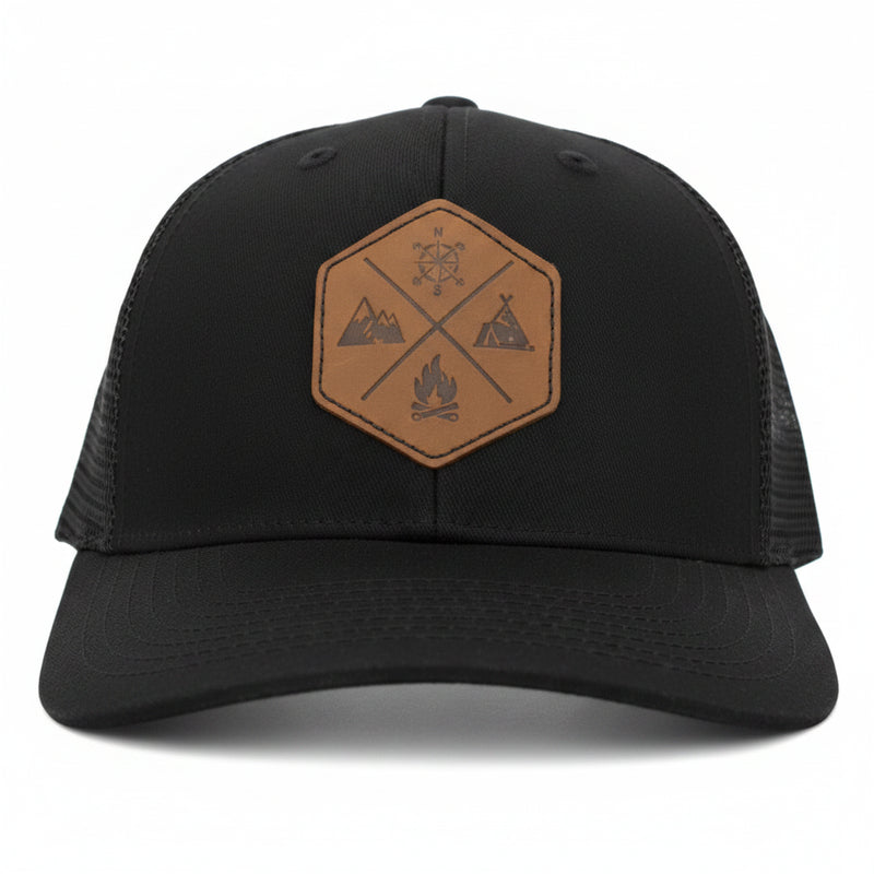 Black baseball cap with a hexagonal brown leather patch featuring outdoor icons