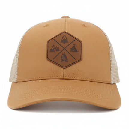 Brown baseball cap with a hexagonal leather patch featuring outdoor-themed icons