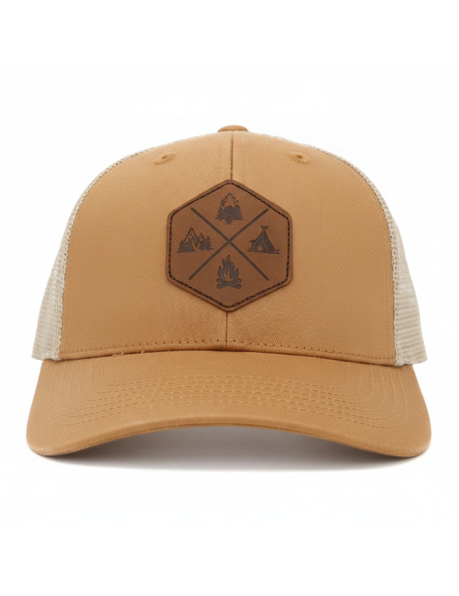 Brown baseball cap with a hexagonal leather patch featuring outdoor-themed icons