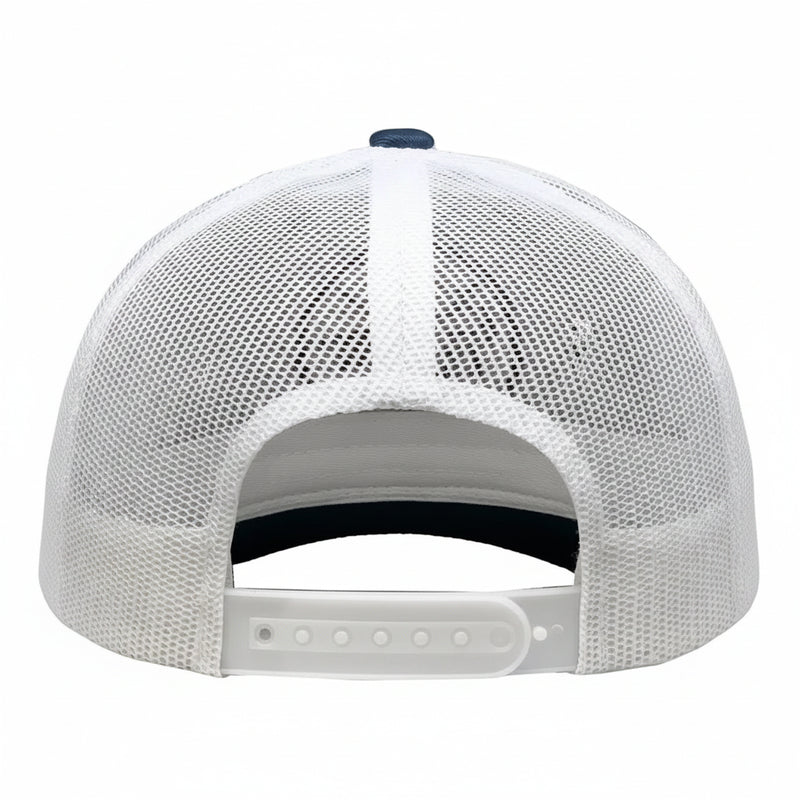 Back view of a white mesh trucker hat with a snapback closure