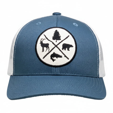 Blue and white trucker hat with a circular patch featuring a deer, bear, fish, and pine tree
