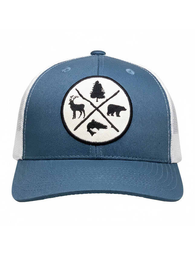 Blue and white trucker hat with a circular patch featuring a deer, bear, fish, and pine tree