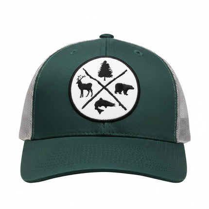 Green trucker hat with a white circular patch featuring a deer, tree, bear, and fish