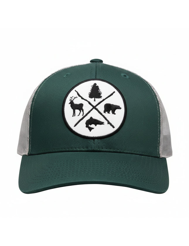 Green trucker hat with a white circular patch featuring a deer, tree, bear, and fish
