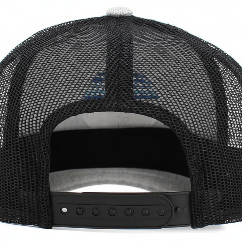 Rear view of a black mesh trucker hat with a grey front panel and an adjustable snapback closure