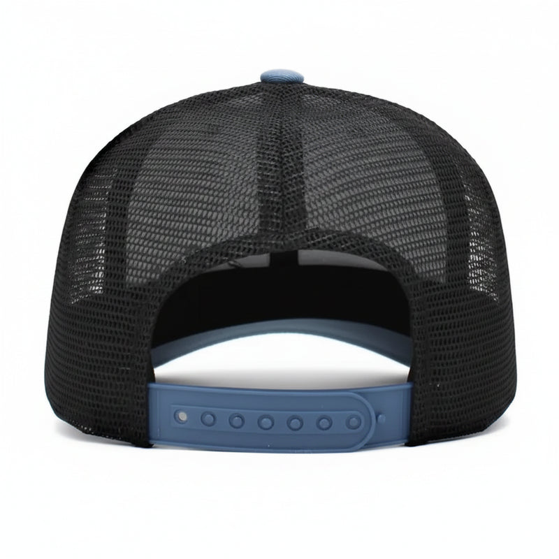 Rear view of a blue and black trucker hat with a snapback closure