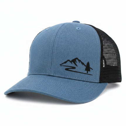 Blue and black trucker hat with a mountain and tree graphic