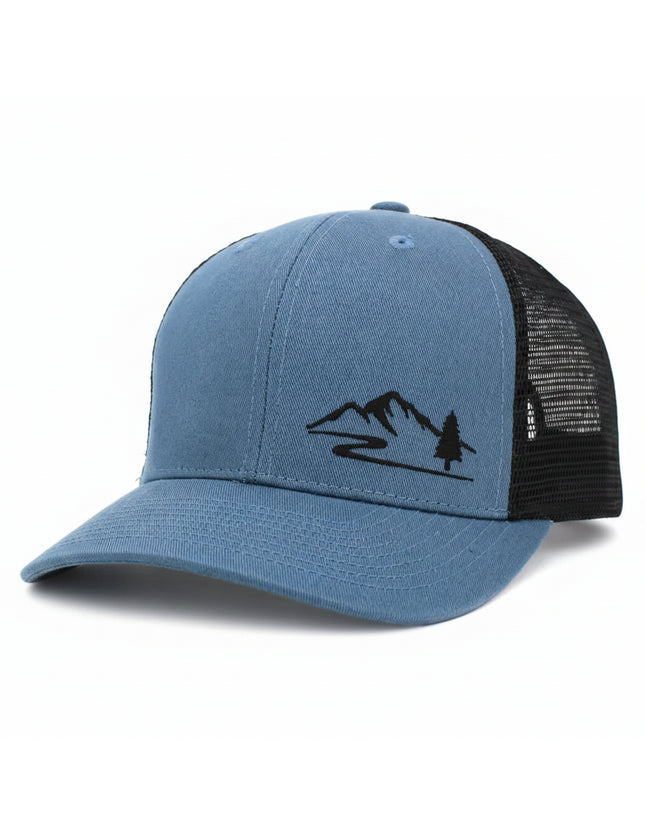 Blue and black trucker hat with a mountain and tree graphic