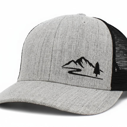 Grey and black trucker hat with a mountain and tree logo