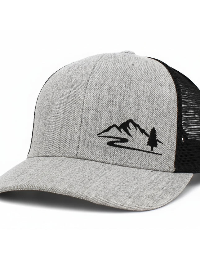 Grey and black trucker hat with a mountain and tree logo