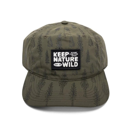 An olive green baseball cap with a black and white 'Keep Nature Wild' patch on the front, set against a plain white background.