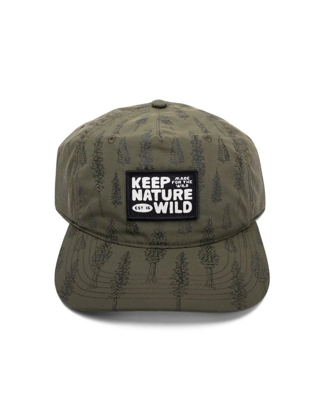 An olive green baseball cap with a black and white 'Keep Nature Wild' patch on the front, set against a plain white background.