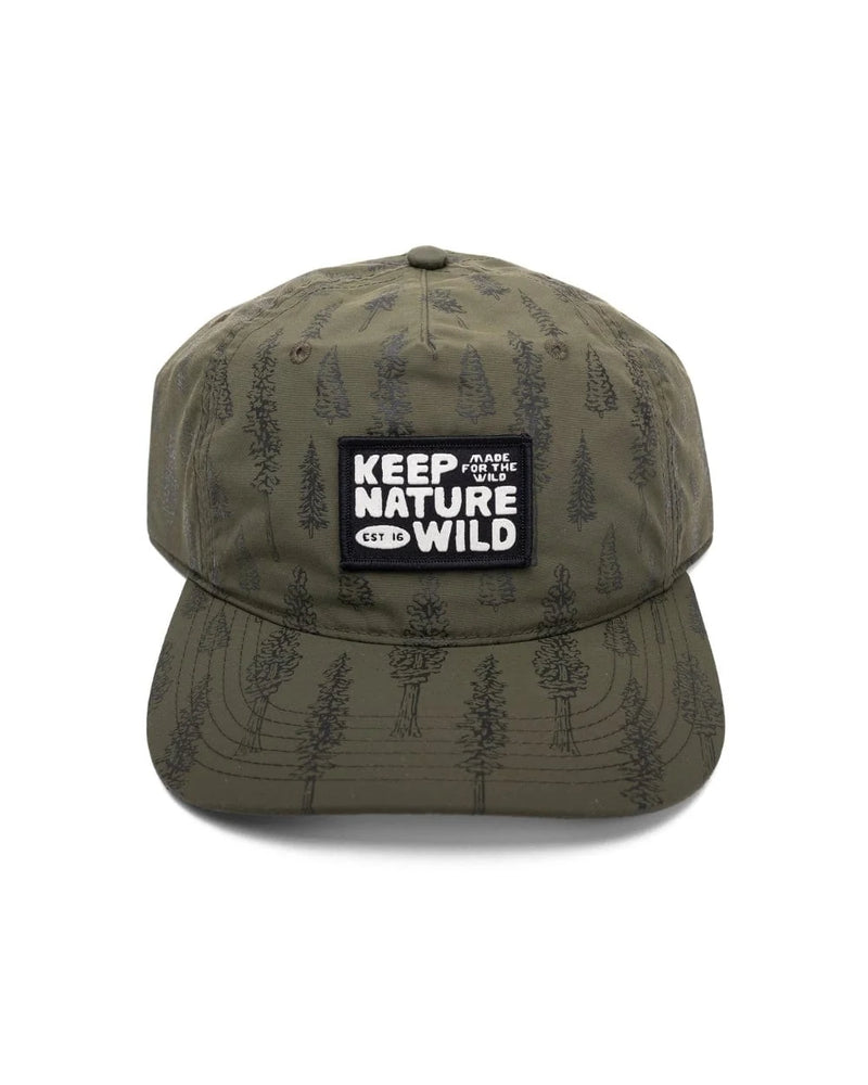 An olive green baseball cap with a black and white 'Keep Nature Wild' patch on the front, set against a plain white background.