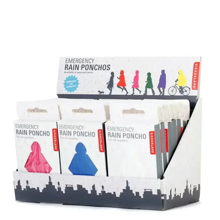 Emergency rain ponchos display box with pink and blue ponchos visible