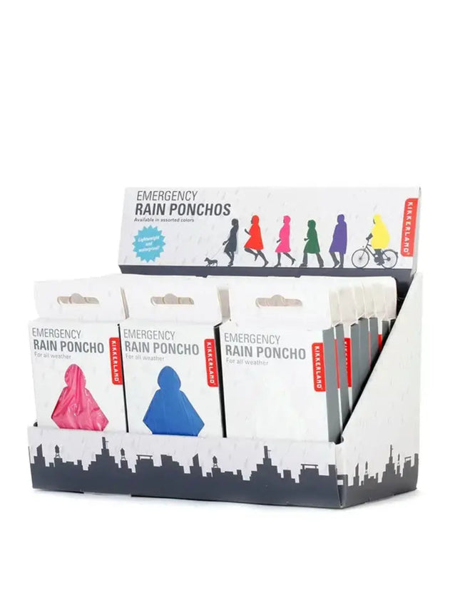 Emergency rain ponchos display box with pink and blue ponchos visible