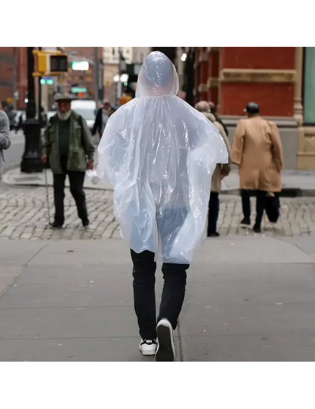 Person in a clear plastic poncho walking away on a city sidewalk