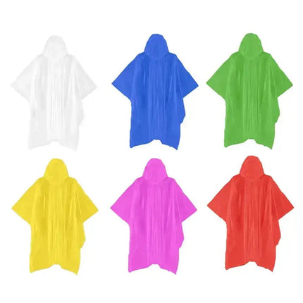 Six disposable rain ponchos in white, blue, green, yellow, pink, and red