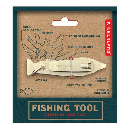 Kikkerland fishing tool with 9 tools including a hook eye cleaner, scissor, flathead screwdriver, and knife