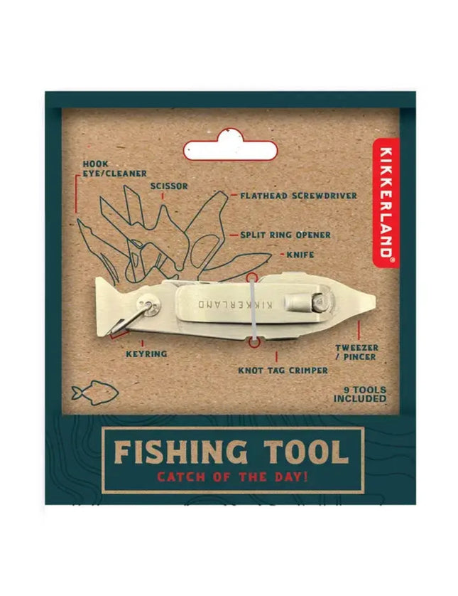 Kikkerland fishing tool with 9 tools including a hook eye cleaner, scissor, flathead screwdriver, and knife