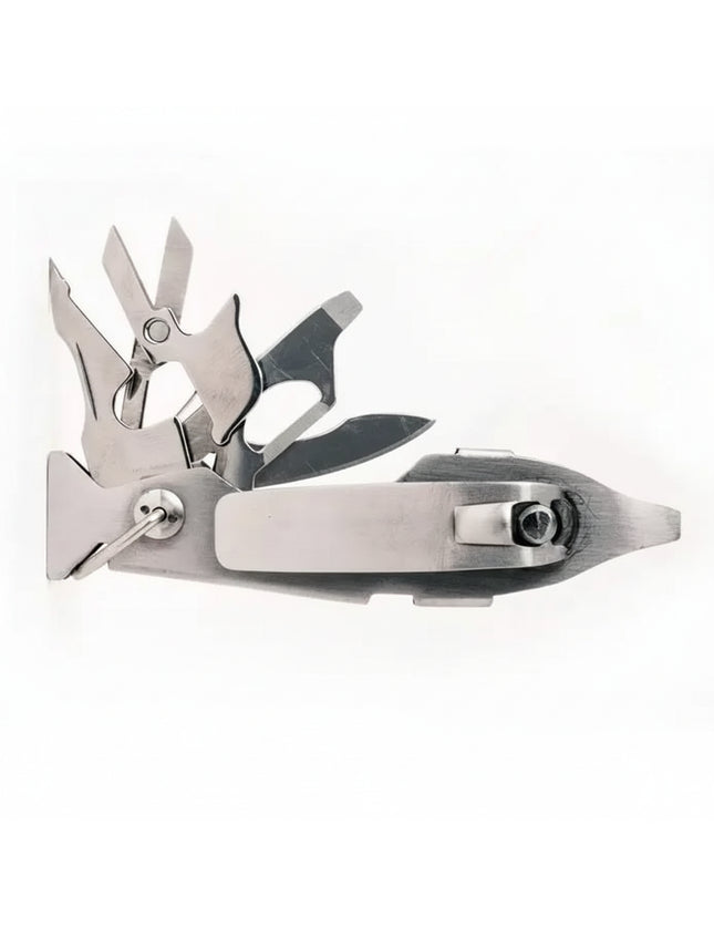 Stainless steel multi-tool with various blades and tools extended