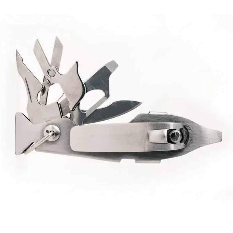 Stainless steel multi-tool with various blades and tools extended