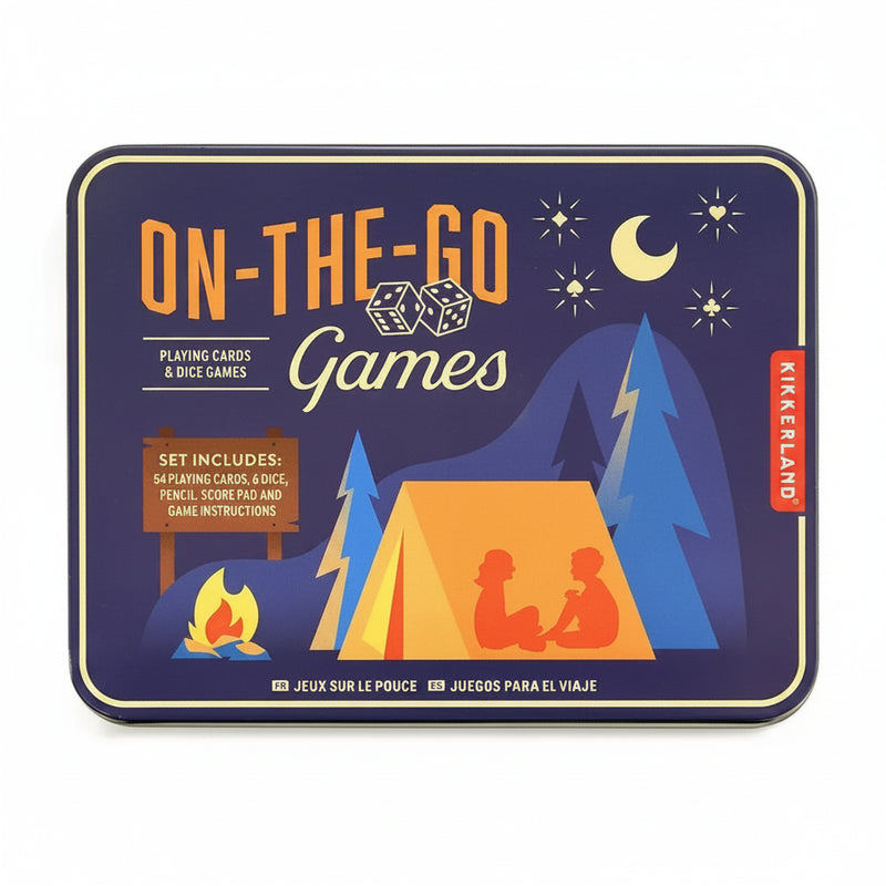 On-The-Go Games tin with camping graphic, playing cards, dice, pencil, score pad, and instructions