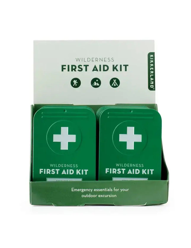 Wilderness First Aid Kit display box with green kits