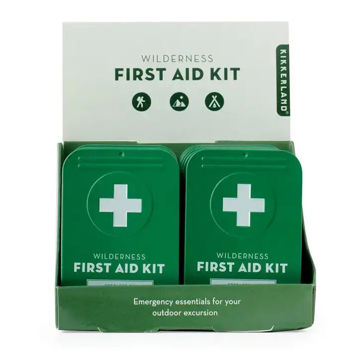 Wilderness First Aid Kit display box with green kits