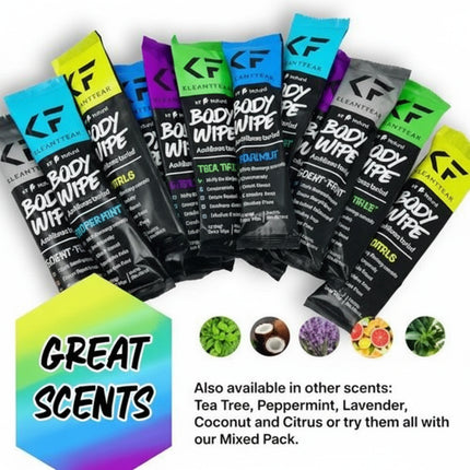 Variety of individually wrapped body wipes in different colors