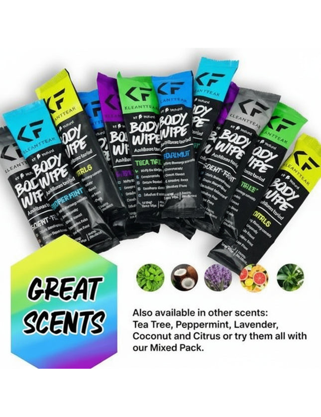 Variety of individually wrapped body wipes in different colors