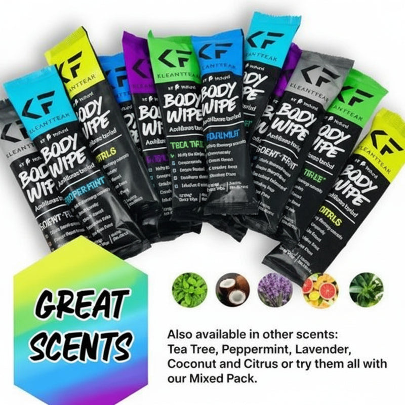 Variety of individually wrapped body wipes in different colors
