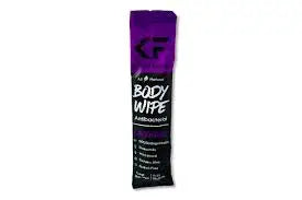Purple and black Body Wipe sachet with product details
