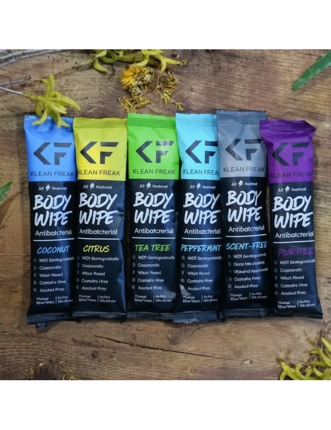 Six individually packaged body wipes in various colors and scents