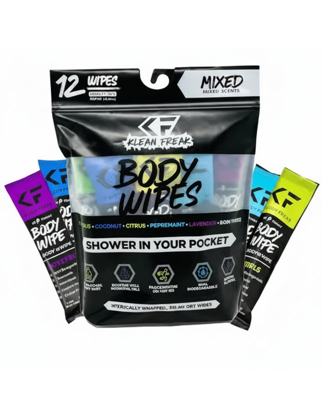 Klean Freaks Body Wipes 12-pack mixed scents with individual wipes in purple, blue, green, and yellow packaging