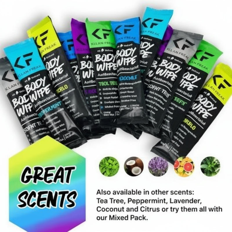 Assortment of individually packaged body wipes in various colors and scents