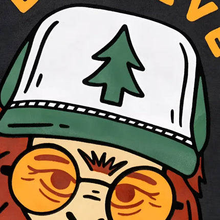 Cartoon Bigfoot wearing a green and white cap with a tree logo and round orange sunglasses