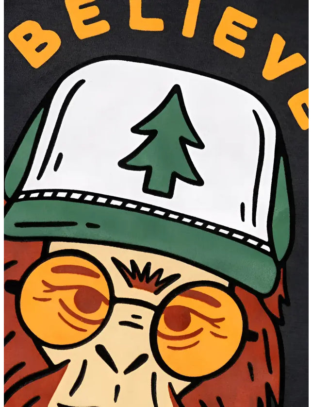 Cartoon Bigfoot wearing a green and white cap with a tree logo and round orange sunglasses