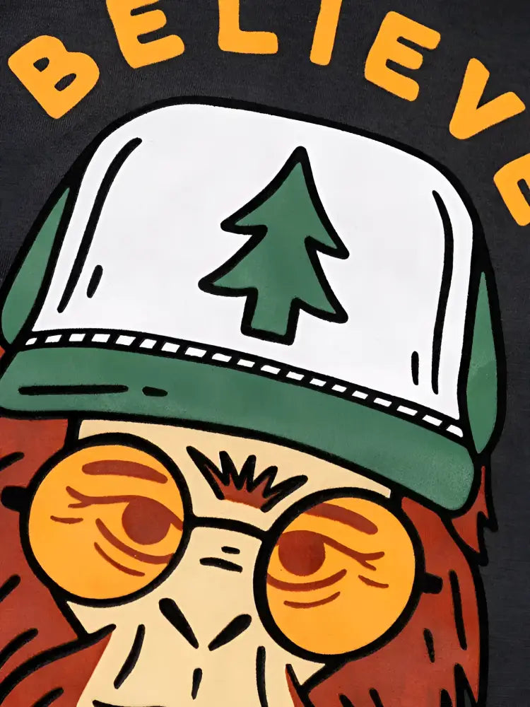 Cartoon Bigfoot wearing a green and white cap with a tree logo and round orange sunglasses