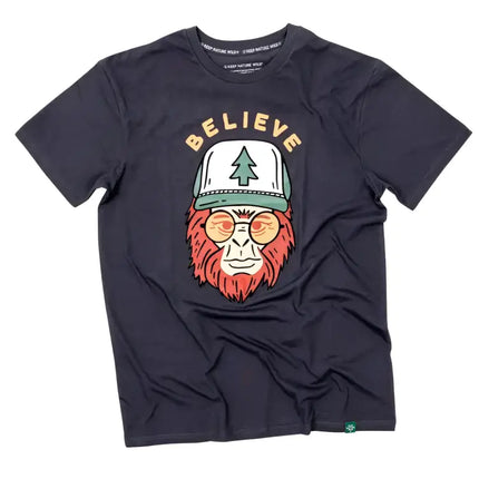 Black t-shirt with a graphic of a bigfoot wearing a hat and sunglasses, with the word BELIEVE above
