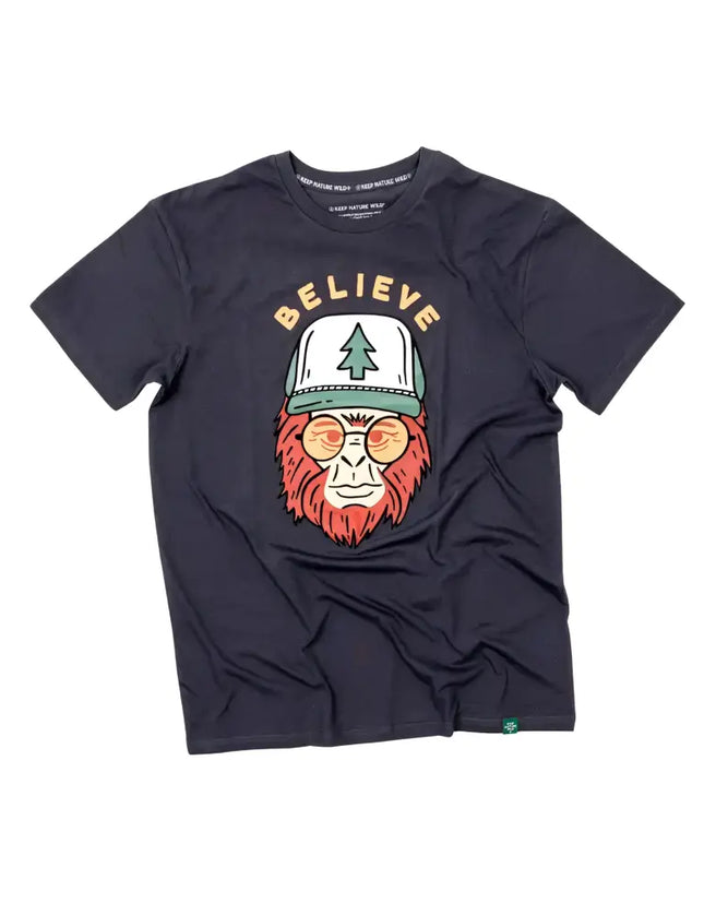 Black t-shirt with a graphic of a bigfoot wearing a hat and sunglasses, with the word BELIEVE above