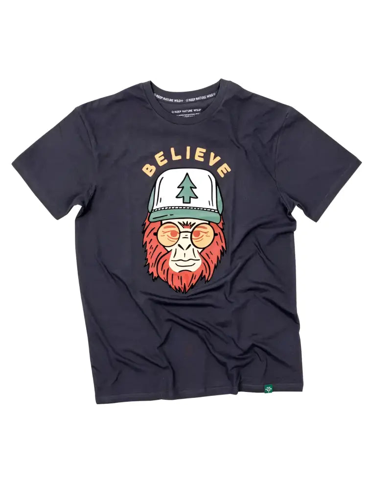 Black t-shirt with a graphic of a bigfoot wearing a hat and sunglasses, with the word BELIEVE above
