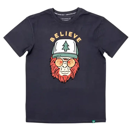 Black t-shirt with a graphic of a red-haired sasquatch wearing a hat with a tree and sunglasses