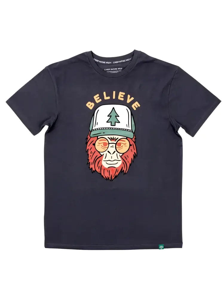 Black t-shirt with a graphic of a red-haired sasquatch wearing a hat with a tree and sunglasses