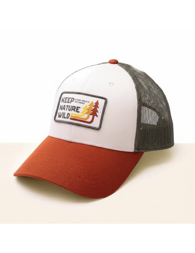 White and orange trucker hat with Keep Nature Wild patch