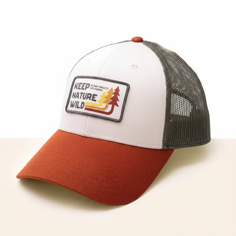 White and orange trucker hat with Keep Nature Wild patch